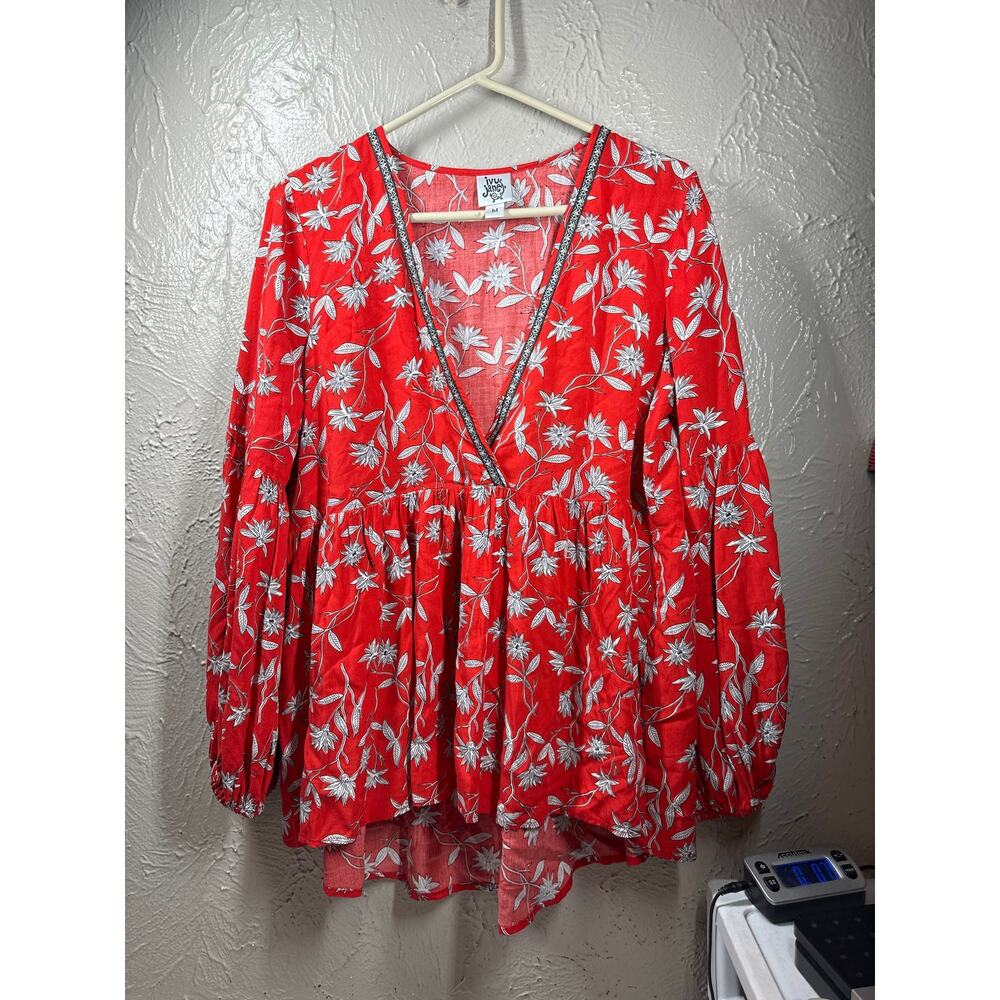 Ivy Jane Womens Red Floral‎ Boho Peasant Long Sleeve V Neck Top Size Medium